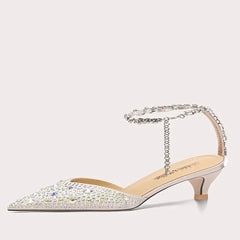 Satin pointed toe sandals with rhinestone chain detail