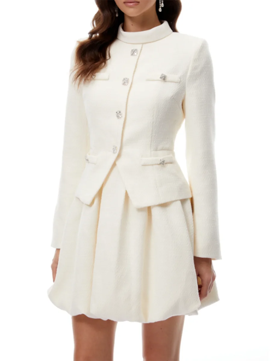 Twisted button detailing highlighting neckline shaping and waist proportion