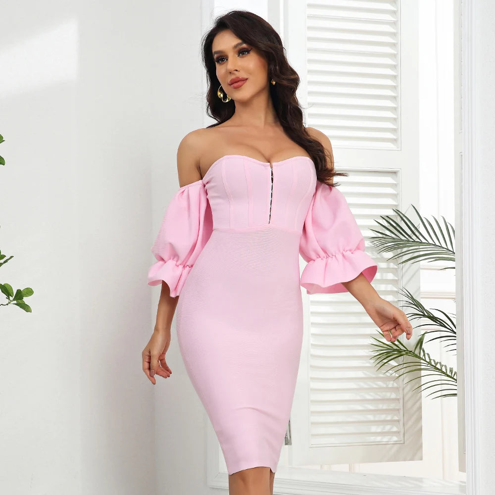 sculpted pink bandage ruffle dress for parties

