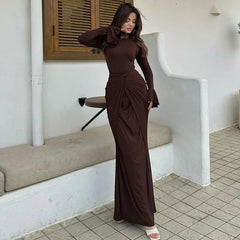 Sculpted streetwear maxi dress in brown featured for modern work events