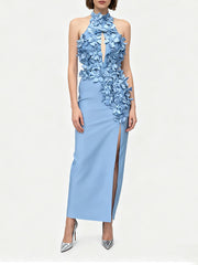 Close view highlighting sculptural floral embellishments across the bodice