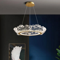 Sculptural gold LED chandelier making a statement in a large office