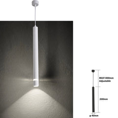 A pendant tube lights with a modern style, featuring long cylindrical shapes in white colours, suspended from the ceiling of a living room and dimenions.