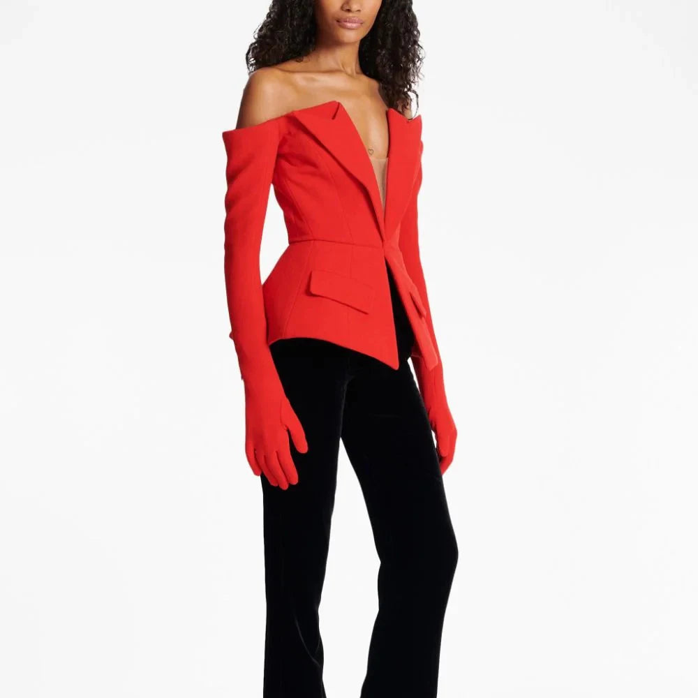 Bold red short blazer with a structured silhouette