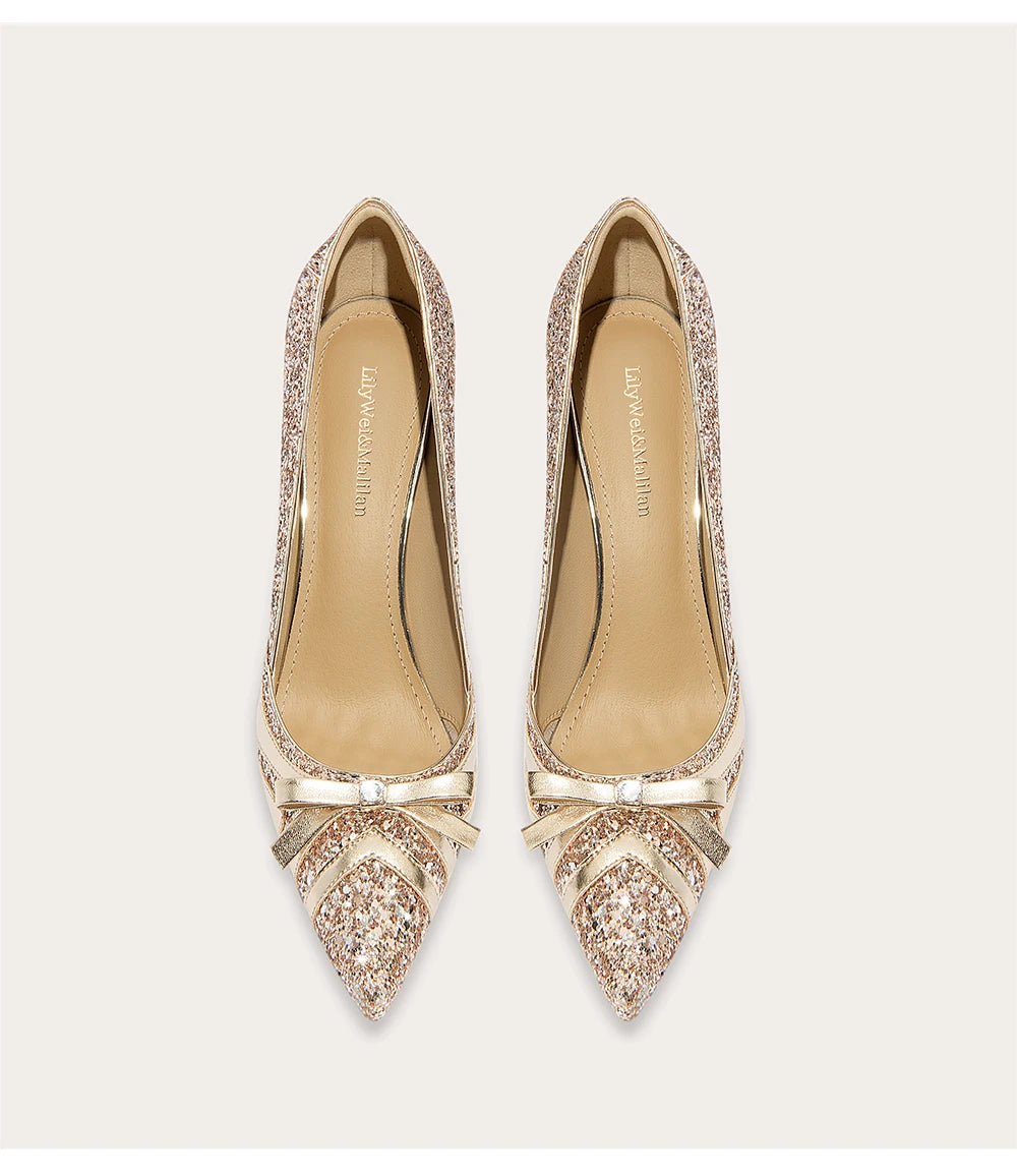 Sequin rhinestone bow pointed toe stiletto pumps