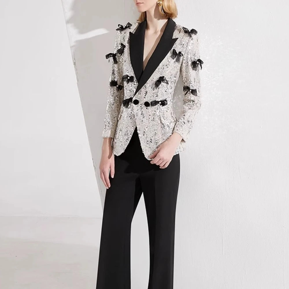 Two-piece silver sequin tailored set for evening wear