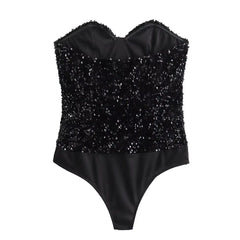 Strapless black sequined bodysuit styled against a clean background.