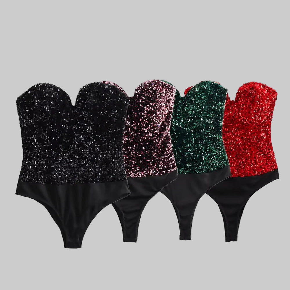 Strapless sequined bodysuits styled against a clean background.