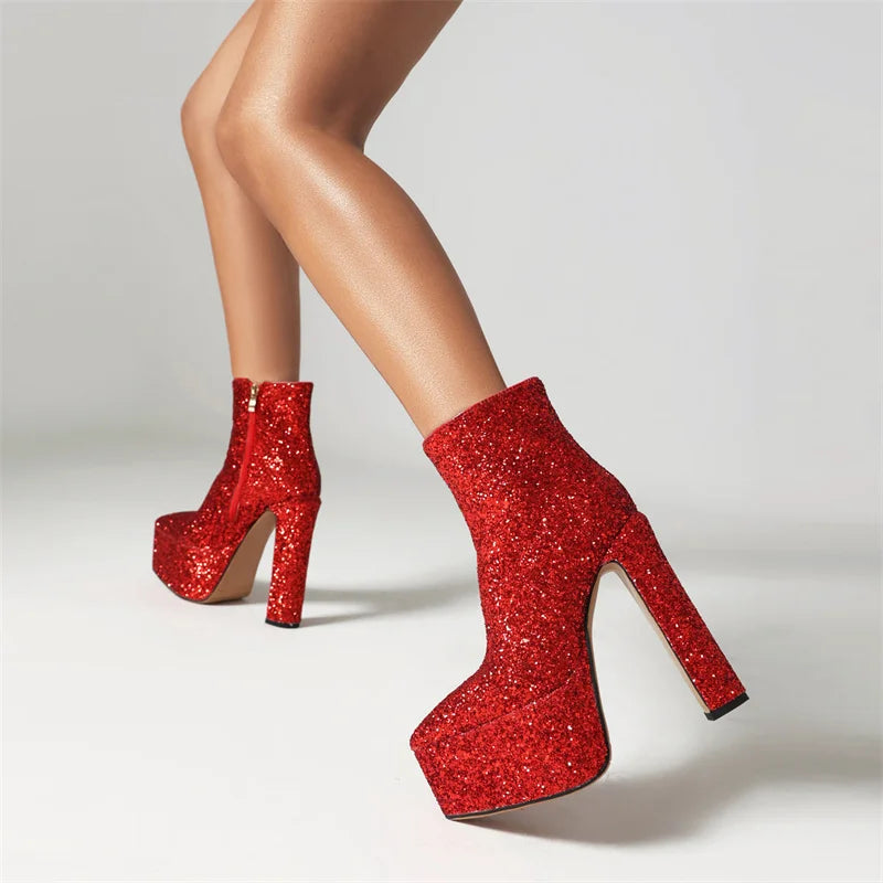 Pointed toe red glitter platform boots