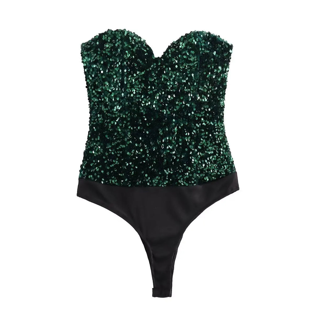 Pink sequin bodycon bodysuit with a sculpted strapless silhouette.