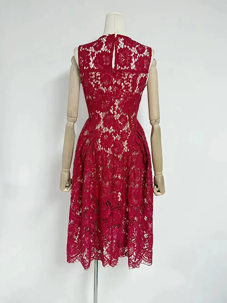 Red sexy clubwear dress with floral lace embroidery

