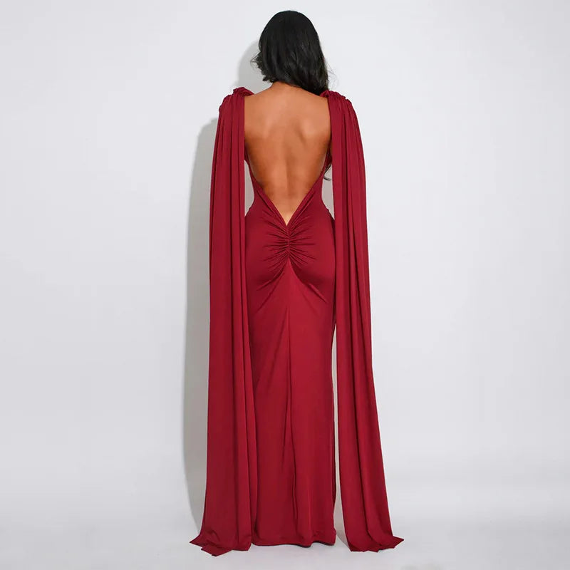 Evening dress with draped shoulder detailing