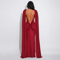 Evening dress with draped shoulder detailing
