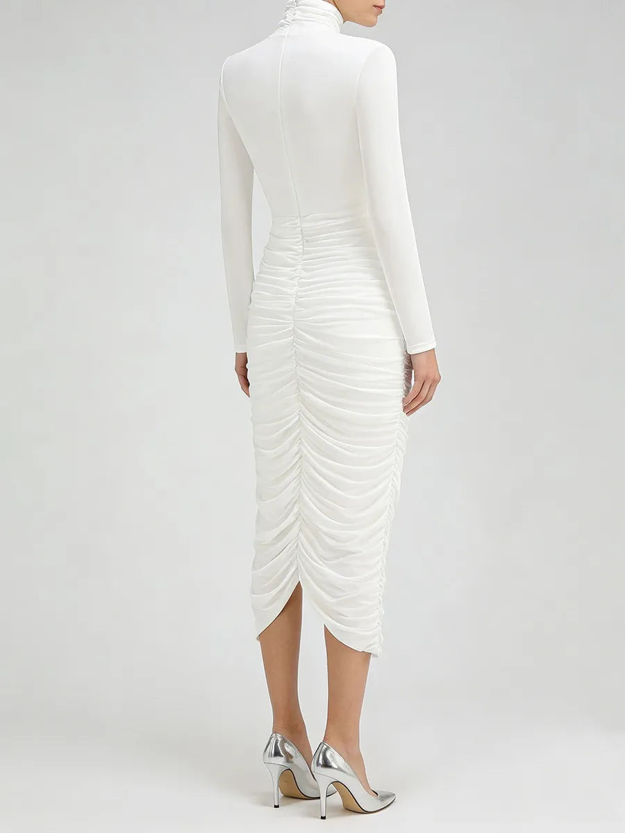 Side angle highlighting the sheath shape, empire waistline, and smooth fabric drape