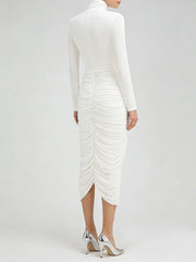 Side angle highlighting the sheath shape, empire waistline, and smooth fabric drape