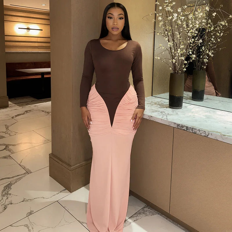 Slim sheath maxi dress with pink gathered hem