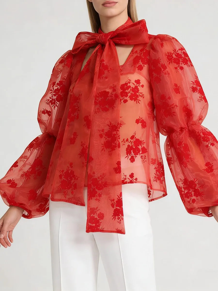Sheer blouse showing puff sleeve volume and relaxed front drape with artistic silhouette