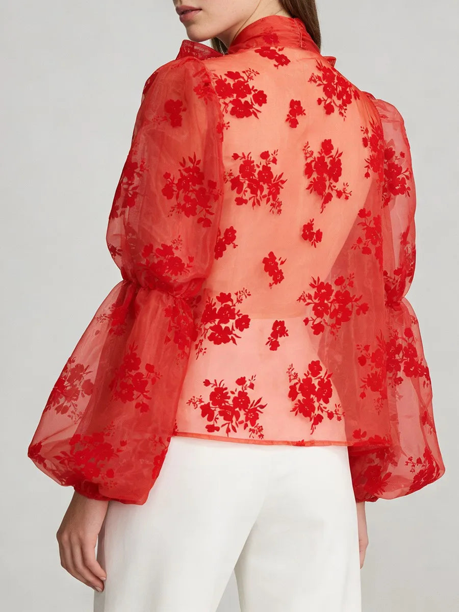 Rear view of expressive sheer blouse and lantern sleeves highlighting airy structure