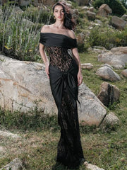 Sheer floor-length black lace dress for elegant evening occasions