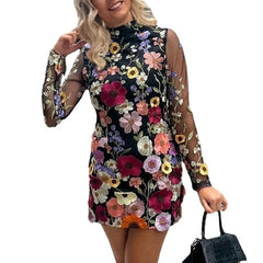 Sheer mesh mini dress with colorful floral embroidery