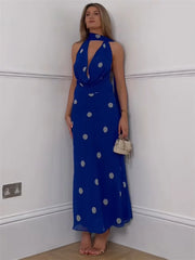 Ankle-length polka dot dress with lightweight sheer hem finish