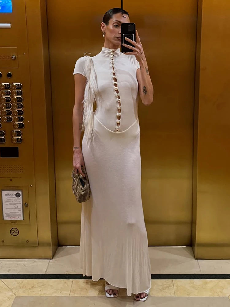 Sheer hem detail on a slim-fit formal evening dress