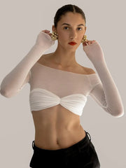 White sheer mesh crop top with long sleeves