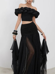 A full-length view of the elegant sheer patchwork two-piece set.