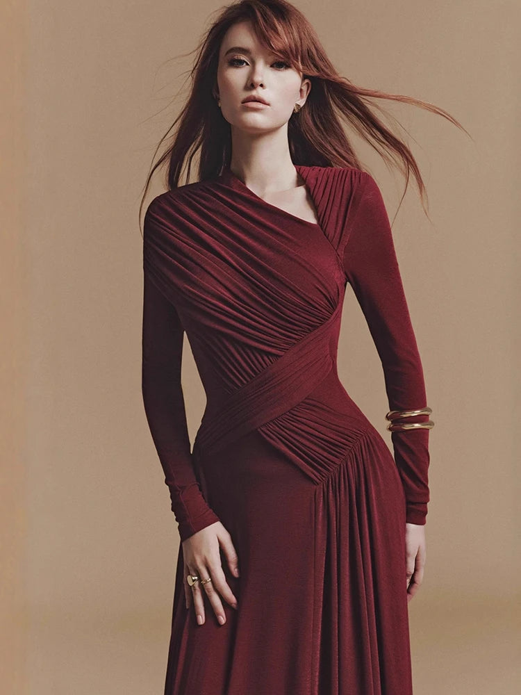 Shirred bodice detail on a floor-length evening dress with slim silhouette