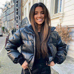 Zipper closure black PU leather puffer jacket