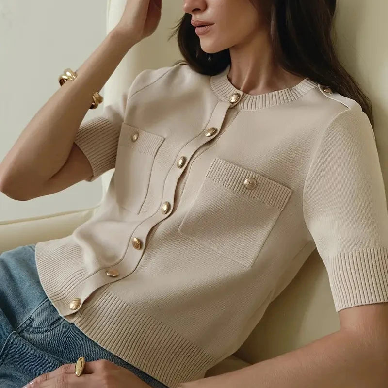 Short sleeve cardigan paired with denim for casual chic outfit