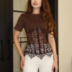 Structured lace patchwork top paired with light trousers
