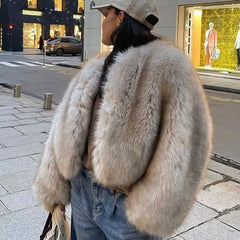 Short synthetic fur coat with full sleeves for women