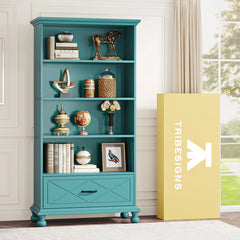 Side angle of vertical blue bookcase showing depth and solid wood legs


