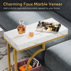 “Side angle of narrow C-table styled in minimalist living room”

