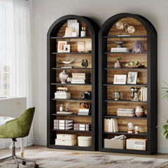 side view of 8 tier arched bookcase with curved top and floor base

