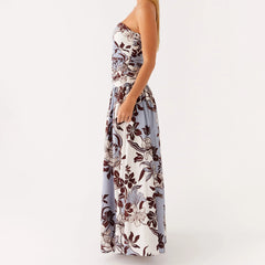 Side-view-of strapless floral dress showing sweetheart neckline