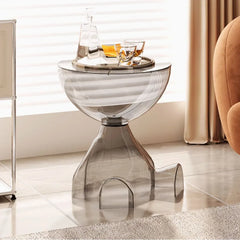 side angle view of modern cream-style end table in living room


