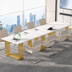 side angle view of long modern desk with workspace accessories


