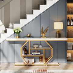 side angle of tall 4-tier entryway console table with open storage

