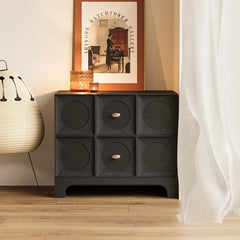 “Side view of French Nordic nightstand beside bed with accessories”

