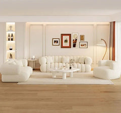 side view of modern chesterfield-style floor sofa in neutral decor

