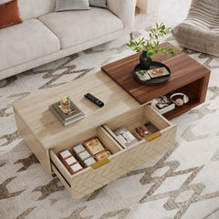 side view of minimalist coffee table showing extended top and drawers

