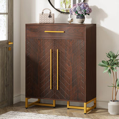 “Side profile of narrow hallway shoe cabinet with modern finish”

