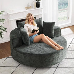 side angle of 360 degree swivel base on oversized round chaise


