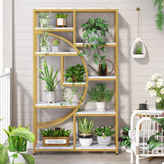 side view of tall etagere bookcase with open shelving in modern home


