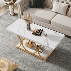 side angle view of white marble look coffee table in minimalist room

