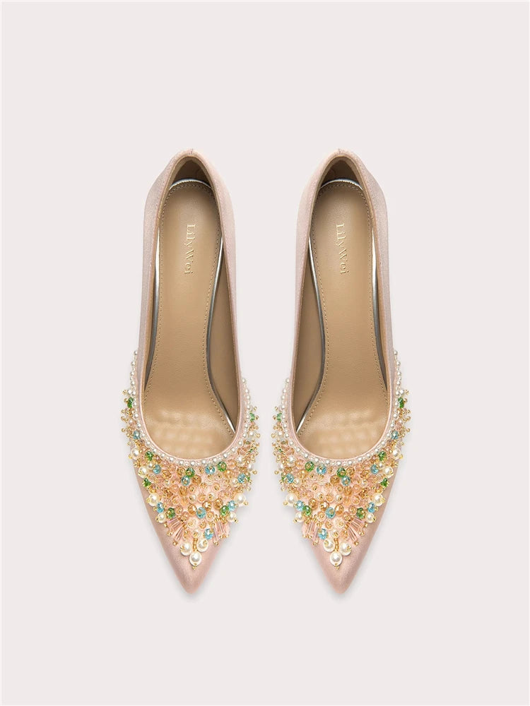 Silk pointed toe pumps with delicate bead embellishments