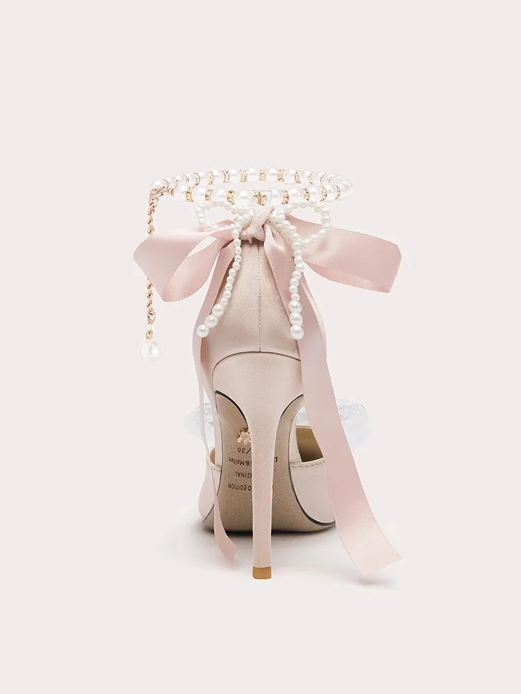 Silk beaded Lolita party sandals with pink ankle bows