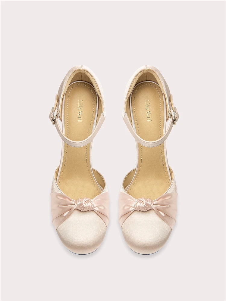 Silk bow round toe high heel sandals